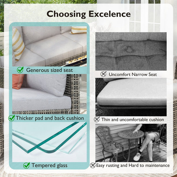 English Elm K&K 8-Piece Patio Conversation Set with 43" 60,000 BTU Propane Fire Pit, UV Wicker & Thick Cushions Grey N707S000012G