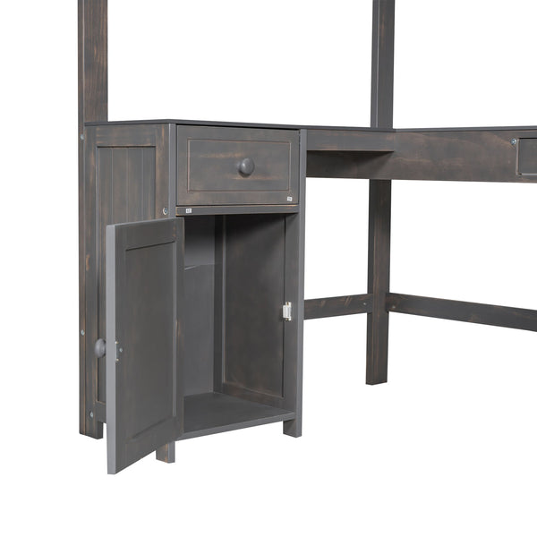 English Elm Twin Loft Bed with U-Shaped Desk, Drawers & Shelves — Antique Brown Twin Work-Study Space, 350lb Capacity GX001038AAD