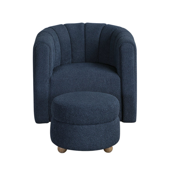 English Elm Modern Swivel Chair with Ottoman in Bouclé Fabric, Solid Wood Frame, Cozy Curved Design for Living Rooms Blue 32 L x 31 W x 31.25 H B011P281845