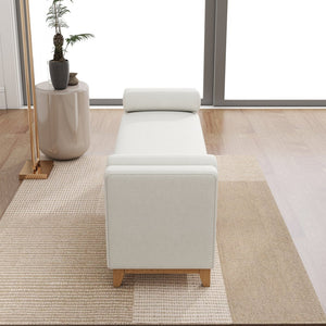 English Elm 66 Inch Sherpa Upholstered Storage Bench with Fluted Wood Base and Bolster Pillows Beige+Natural W1658P446112