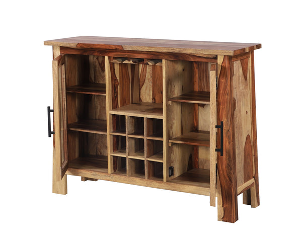 Porter Designs Porter Kalispell Bar Cabinet - Handmade Solid Sheesham Wood With Glass Storage & Metal Accents Natural Wood 07-196-30-2419