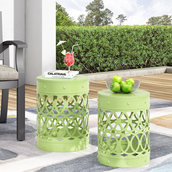 English Elm Outdoor Powder-coated Iron Nesting Accent Tables Set of 2 Laser-cut Circle Design Green 73606.00GRN
