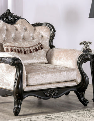 English Elm Traditional Carved Tufted Accent Chair with Rolled Arms, Nailhead Trim and Elegant Upholstery Black,Off White 44 L x 39 W x 28 H B2741P380814