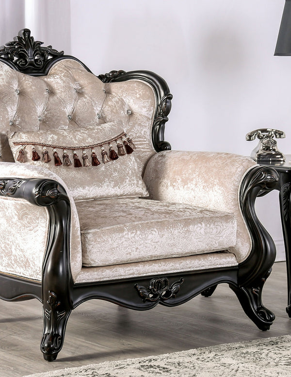 English Elm Traditional Carved Tufted Accent Chair with Rolled Arms, Nailhead Trim and Elegant Upholstery Black,Off White 44 L x 39 W x 28 H B2741P380814