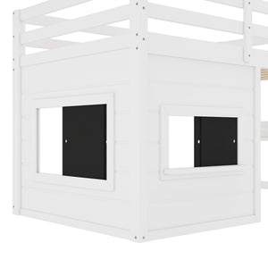 English Elm Twin Loft Bed House Frame with Sliding Chalkboard Built-in Bookshelf and Safety Rails White W1580S00319