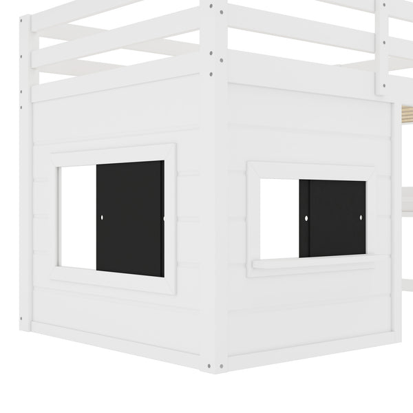 English Elm Twin Loft Bed House Frame with Sliding Chalkboard Built-in Bookshelf and Safety Rails White W1580S00319