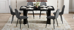 English Elm Table 7-Piece Dining Set: Stylish Black Wood Texture Table With 6 Dark Gray Linen-Cotton Chairs W1151S04319-GIGA