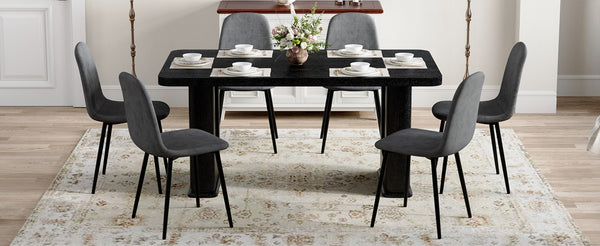 English Elm Table 7-Piece Dining Set: Stylish Black Wood Texture Table With 6 Dark Gray Linen-Cotton Chairs W1151S04319-GIGA