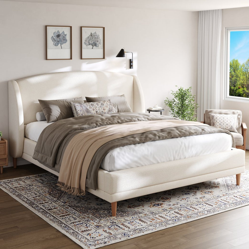 English Elm California King Boucle Wingback Bed Frame Solid Wood Legs Contemporary Bedroom N757P359718K