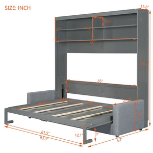 English Elm Queen Murphy Wall Bed with Integrated Sofa Linen Upholstered for Studio Apartments Gray LP000892AAE-1