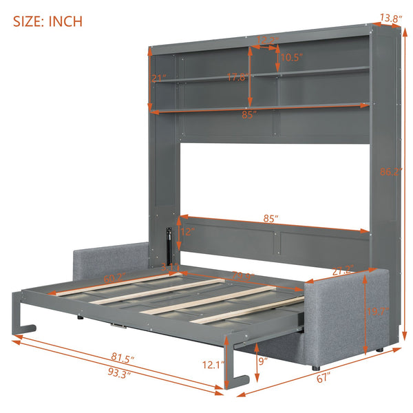 English Elm Queen Murphy Wall Bed with Integrated Sofa Linen Upholstered for Studio Apartments Gray LP000892AAE-1