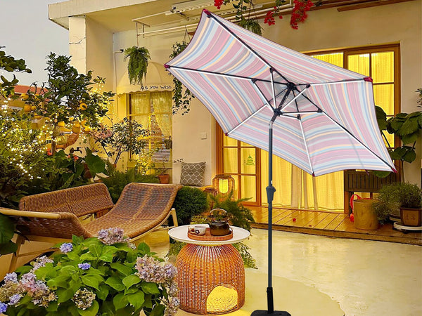 English Elm 9ft Solar Led Patio Umbrella Coastal Stripe Canopy with Uv Protection Crank Tilt Red Striped W656P403815
