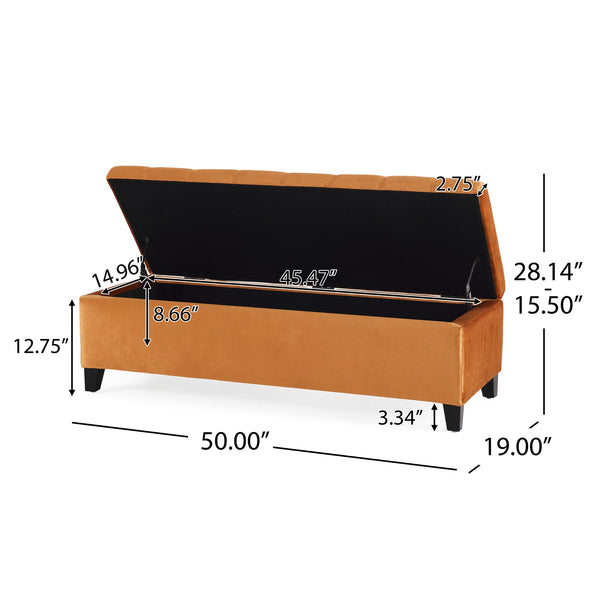English Elm Christopher Knight Home® - Storage Ottoman with Velvet Upholstery and Birch Legs — 50.5" Rectangular Bench with Hidden Storage, Multiroom Use Burnt Orange N778P185125A