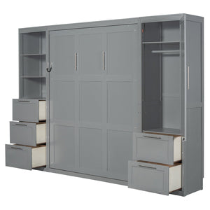English Elm Queen Murphy Wall Bed with Wardrobe Drawers and Shelves for Studio or Guest Room Gray LP000865AAE-2
