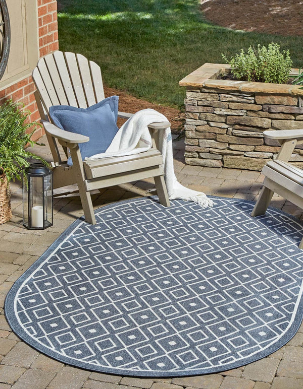 Unique Loom Outdoor Trellis Kafes Machine Made Geometric Rug Navy Blue, Ivory 5' 3" x 8' 0"