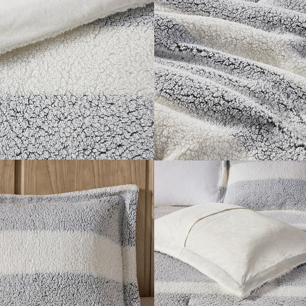 English Elm King/Cal Plush Striped Sherpa Comforter Set - Farmhouse Rustic Reversible Green-Grey, Oeko-Tex Cozy B035129370