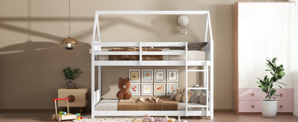 English Elm Twin House-Style Twin Bunk Bed With Safety Guardrails, Ladder & Play Space – White Rubberwood Design W504P227972-GIGA