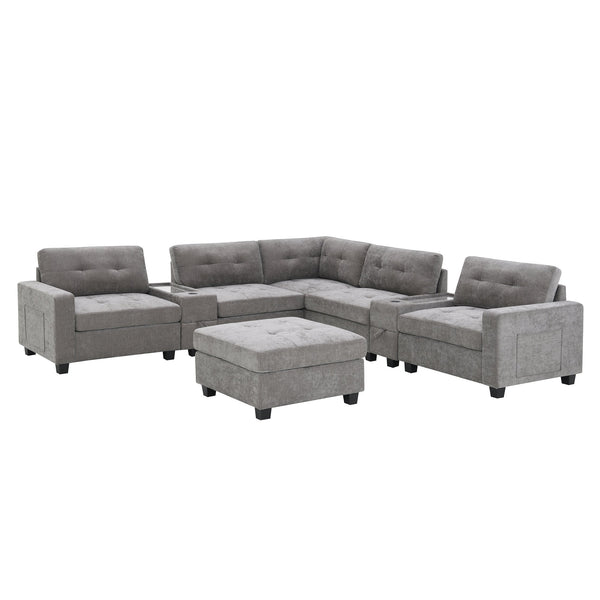 English Elm [new U-shaped Chenille Sectional Six Seat Tufted Couch with Usb Charging Storage Gray N723S1191E