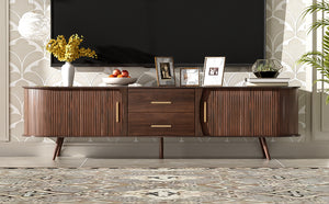 English Elm Mid-Century Solid Wood TV Stand for 80" TVs – Waterproof Finish, Sliding Doors & 2 Drawers Storage N710P257611P