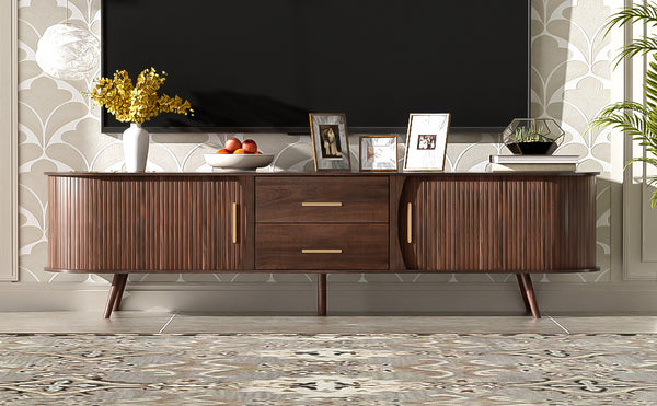 English Elm Mid-Century Solid Wood TV Stand for 80" TVs – Waterproof Finish, Sliding Doors & 2 Drawers Storage N710P257611P