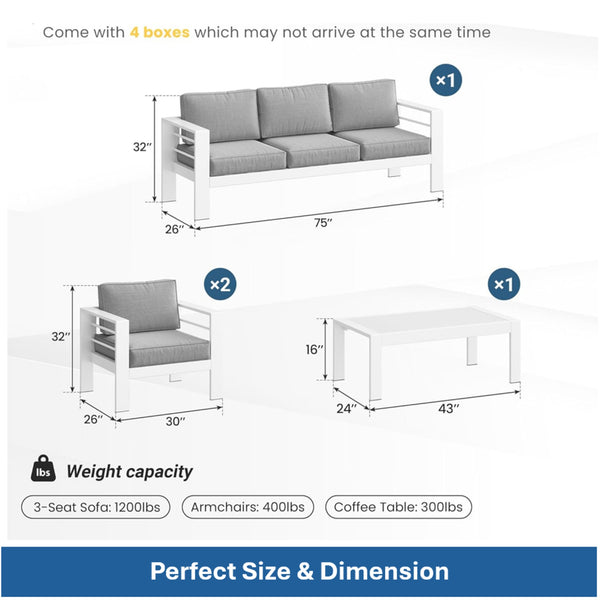 English Elm 4-piece Aluminum Outdoor Conversation Set with Rust-proof Matte Frame and Wpc Coffee Table Grey+White B082S00085