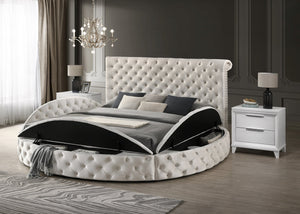 English Elm Unique Round Plush Velvet Button-Tufted Storage Bed Queen with Studded Headboard and 2 Nightstands Set Ivory,White 54.75 L x 79.5 W x 8.25 H B2741S00099