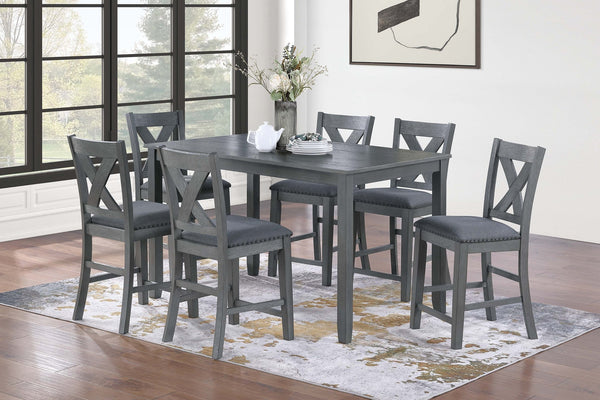 English Elm Modern 7-Piece Counter Height Dining Set Gray - 60" Table, Cushioned X-Cross Back Chairs, Nailhead Trim B011P370423