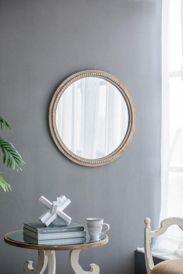 English Elm D30" Lowley Round Beaded Wood Frame Wall Mirror Bohemian Rustic Accent Decor W2078P296026