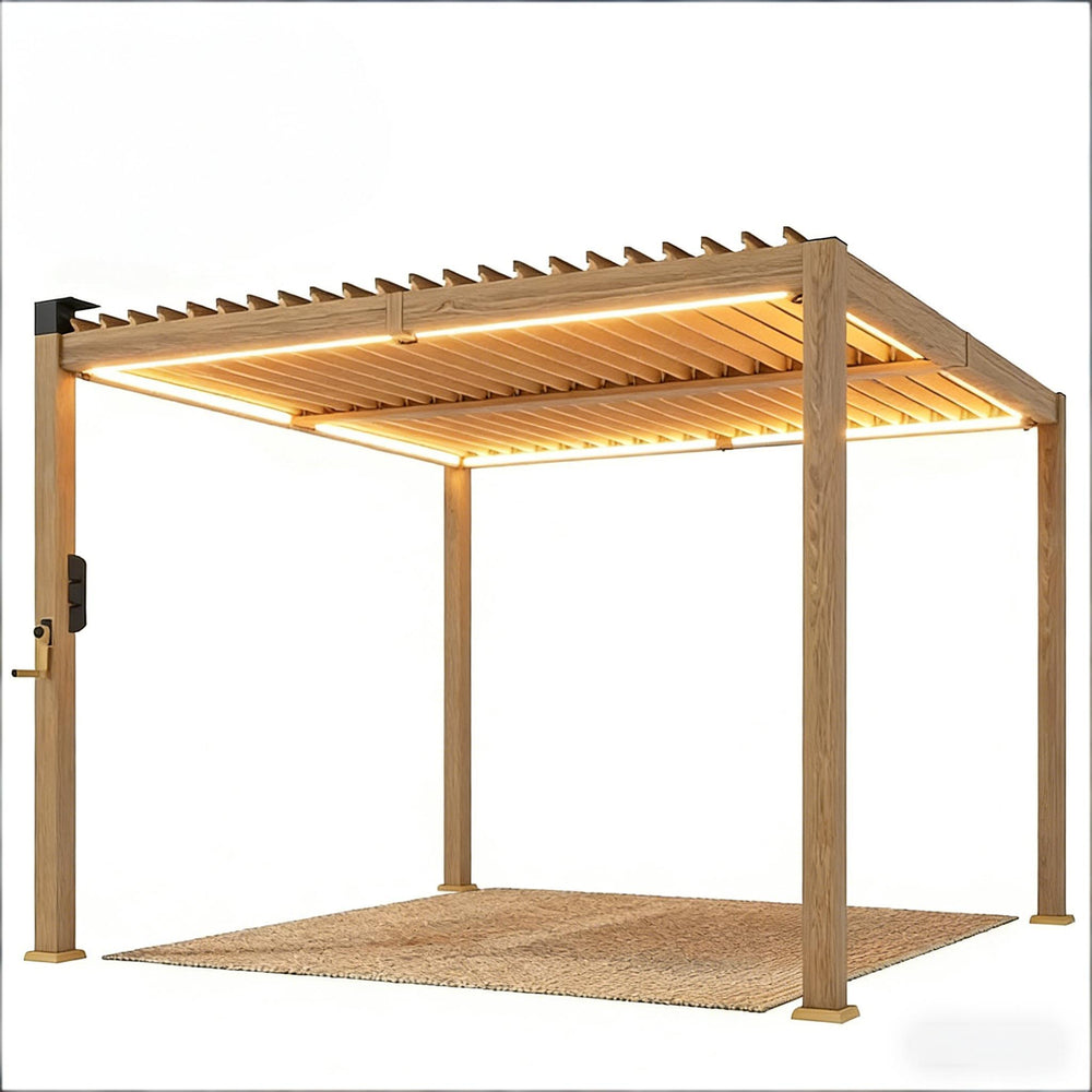 English Elm Outdoor Louvered Steel Pergola with Solar Led Lights and Adjustable Shade Roof T3971S00203