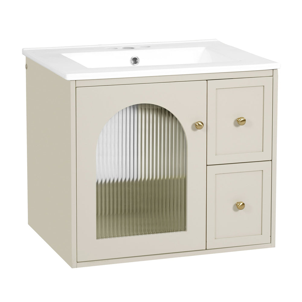 English Elm 24" Modern Wall-Mount Bathroom Vanity with Ceramic Sink, Glass Door Cabinet, 2 Drawers, Soft-Close Beige N710P286704Y