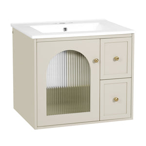 English Elm 24" Modern Wall-Mount Bathroom Vanity with Ceramic Sink, Glass Door Cabinet, 2 Drawers, Soft-Close Beige N710P286704Y