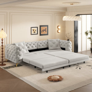 English Elm 97.6" Oversized Velvet Chesterfield Sleeper Sofa Floral Tufted Roll Arm Living Room Couch Light Grey W1885S00300