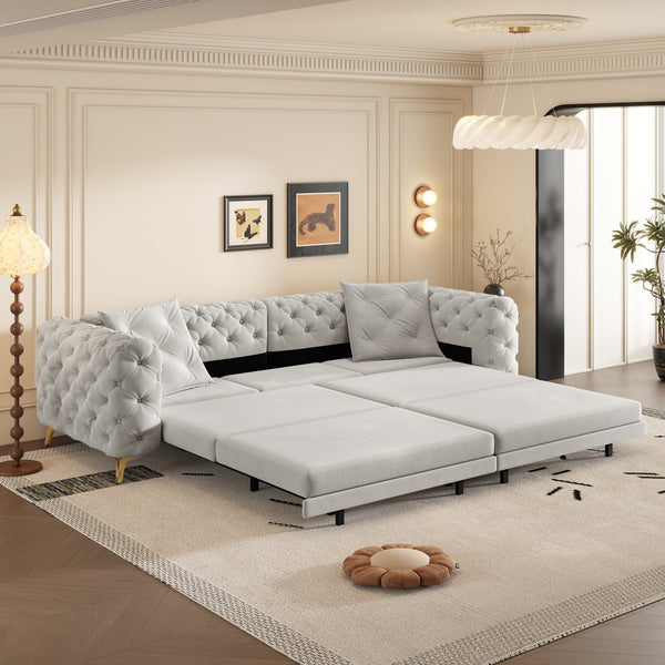 English Elm 97.6" Oversized Velvet Chesterfield Sleeper Sofa Floral Tufted Roll Arm Living Room Couch Light Grey W1885S00300