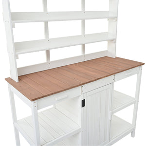 English Elm TOPMAX 66" Wooden Potting Bench with 36" Counter Height, 2 Drawers, Cabinet & Spacious Workstation White WF300211AAK