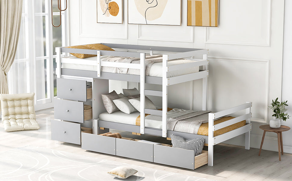 English Elm Twin Loft Bunk Bed with Built-In Drawers and Ladder, Space-Saving Twin over Twin Pine MDF Design Gray GX000424AAE