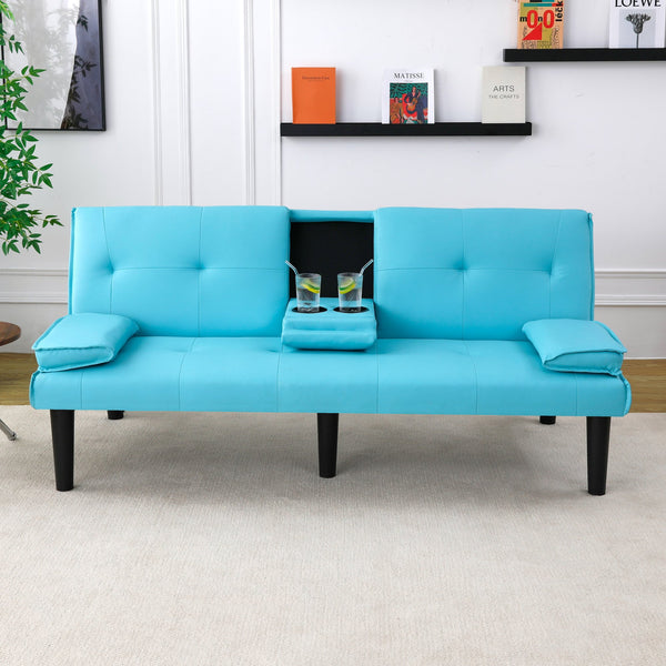 English Elm The 67-inch PVC multi-functional sofa bed with cup holder and one-click fold, space-saving comfort for guests Blue W3371P347652