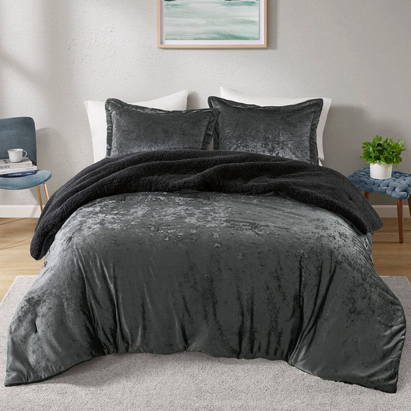 JLA Home Intelligent Design - Crushed Velvet Sherpa Reversible Comforter Set with Hypoallergenic Fill, OEKO-TEX Certified Luxury Charcoal ID10-2379