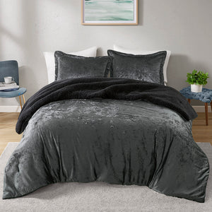 JLA Home Intelligent Design - Crushed Velvet Sherpa Reversible Comforter Set with Hypoallergenic Fill, OEKO‑TEX, Machine Washable Charcoal ID10-2380