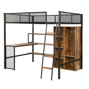 English Elm Full Full Size Metal Loft Bed with Built-In Desk, Wardrobe & Shelves in Black — Space-Saving, Sturdy Design (Fits 6" Mattress) GX001134AAB