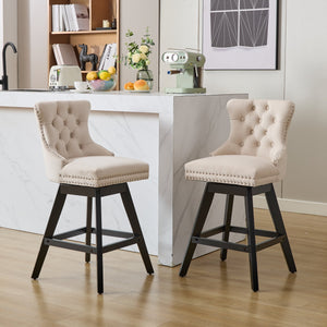 English Elm Swivel Velvet Barstools with Tufted Button Back, 360° Rotate, Plush Foam & Rubberwood Frame Beige W1143P241329