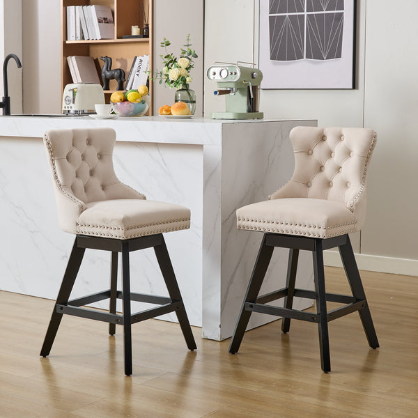 English Elm Swivel Velvet Barstool with Tufted Back, 360° Swivel, Plush Foam & Steel Spring Seat, Sturdy Wood Frame (Set of 2) Beige W1143P241329