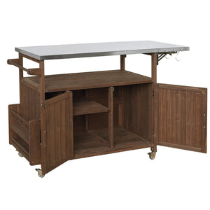 English Elm 54.33" Farmhouse Outdoor Kitchen Cart Solid Fir Frame Steel Top Storage Bbq Prep Brown N767P379702D