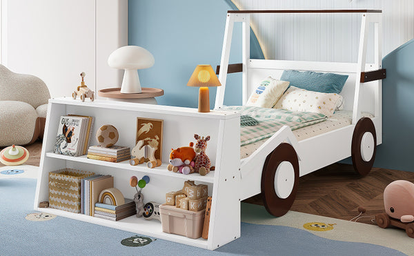 English Elm Twin Pine Treehouse Floor Bed with Padded Rails and Cabin Roofline for Kids Brown,Light White W1580S00471