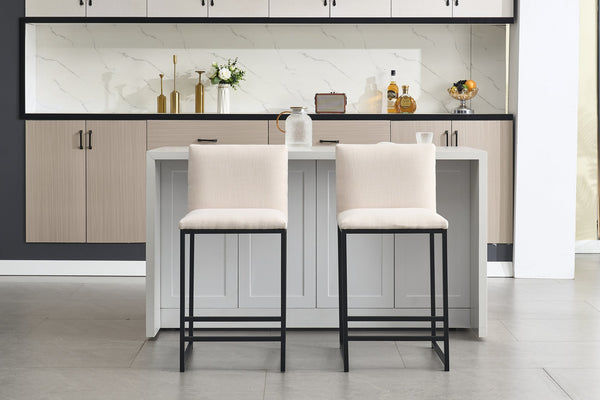 English Elm Counter Height Bar Stools Set of 2 Upholstered Linen Seats with Metal Frame & Cushion Comfort for Kitchen Bar and Dining Room Ivory W1249P257011