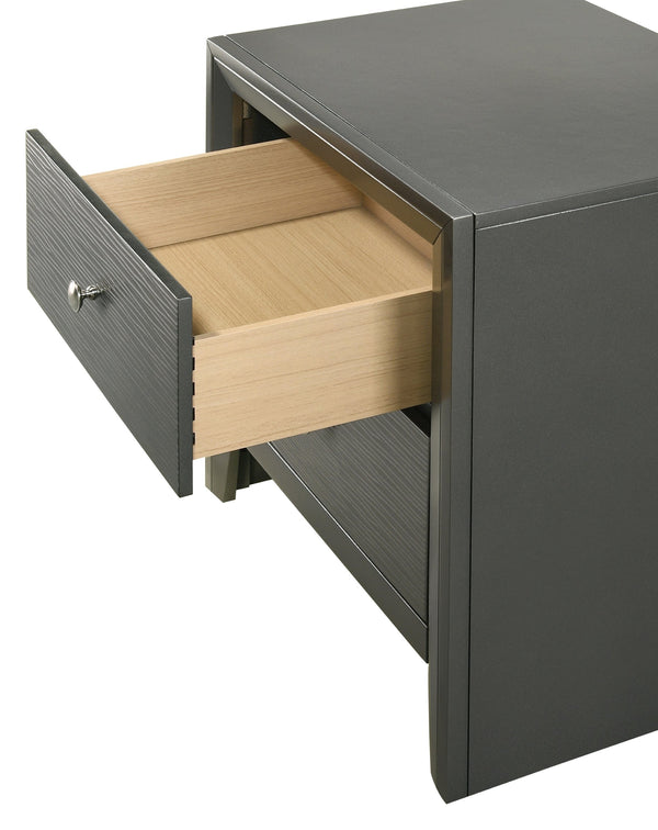 English Elm 1pc Modern 2-Drawer Nightstand with Wood-Pattern Fronts and Round Knobs, Sleek Gunmetal Finish Dark Gray 24.6 L x 18.4 W x 28.1 H B2741P345938
