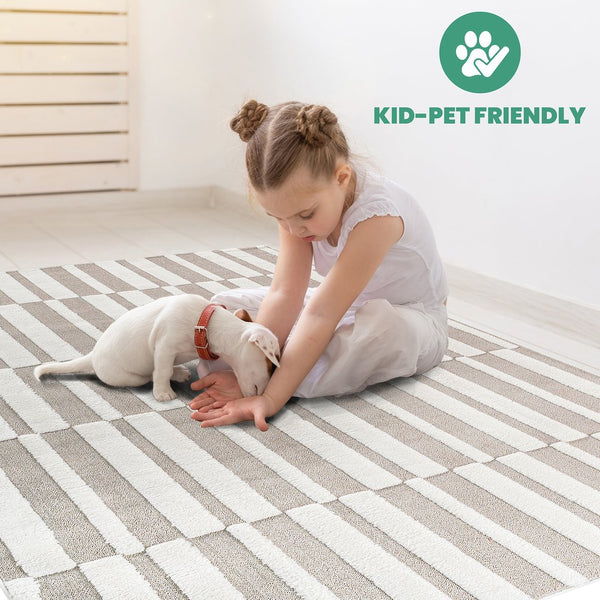 English Elm Step Collection Geometric High-low Pile Polypropylene Rug for Modern Living Spaces Beige+Cream B189P448790