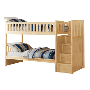 English Elm Twin Over Solid Pine Bunk Bed with Stair Drawers and Safety Guard Rails B011S02428