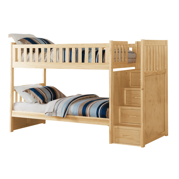 English Elm Twin Over Solid Pine Bunk Bed with Stair Drawers and Safety Guard Rails B011S02428