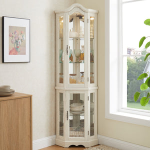English Elm Lighted Corner Curio Cabinet With Adjustable Shelves & Integrated Lighting - Elegant White Oak Display W1758P300125