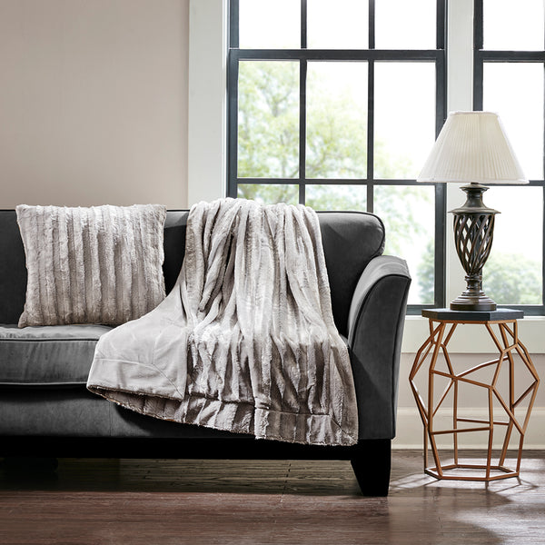 JLA Home Madison Park - Faux Plush Faux Fur Square Pillow — Ultra-Soft Decorative Throw Accent for Cozy Luxe Living Rooms Grey MP30-3000